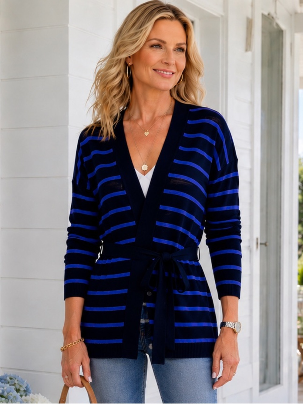 Talbots Navy Blue Striped Tie Waist Cardigan Sweater Coastal Hamptons Chic